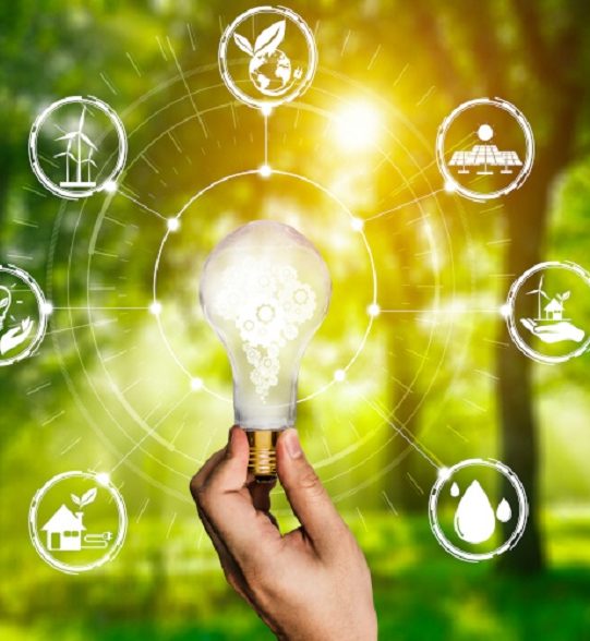 Green energy innovation light bulb with future industry of power generation icon graphic interface. Concept of sustainability development by alternative energy. (Green energy innovation light bulb with future industry of power generation icon graphic